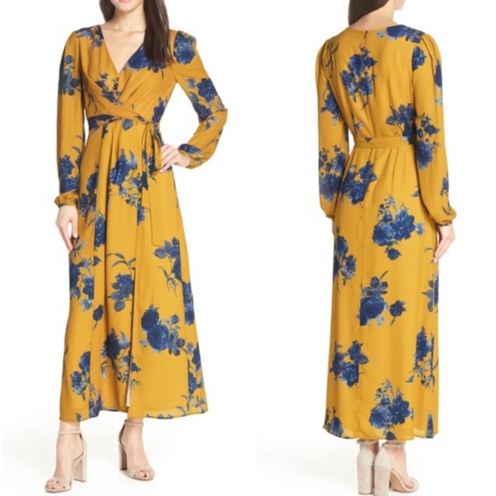 Floral Wrap Maxi Dress - Mustard with Blue Print